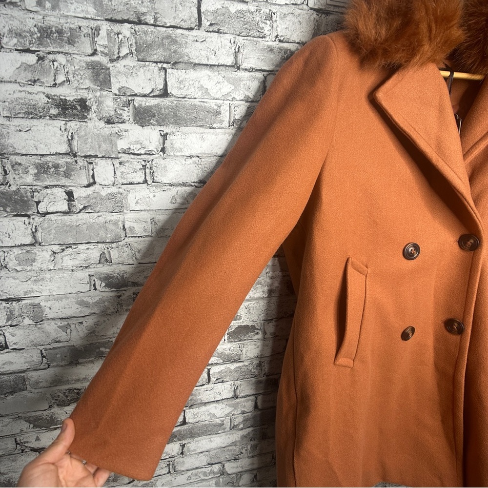 EUC XULIKU Women's Brown Double-Breasted Trench Coat Faux Fur Collar Size XXL - Picture 5 of 16